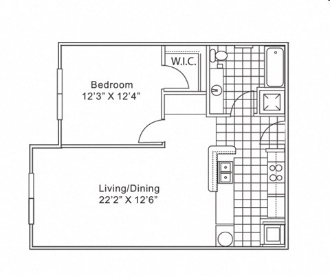 Floor plan for 1 bed, 1 bath, 676 sqft
